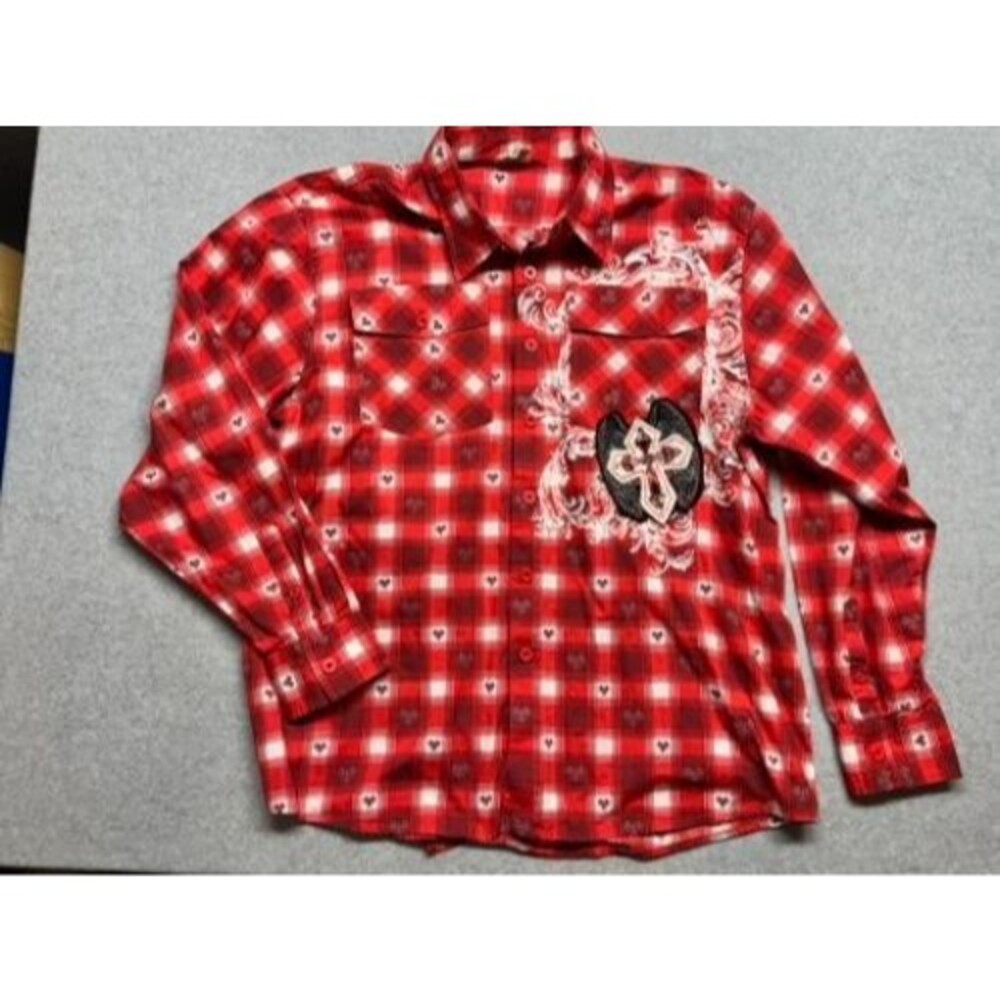 Raw Blue Shirt Mens 2X Red Plaid Long Sleeve Cross Patch Graphic Button Wings